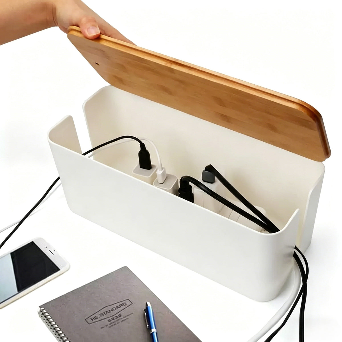 Cable Management Box Set of Two with Wood-Look Lids and Safety Clasp - Image 3