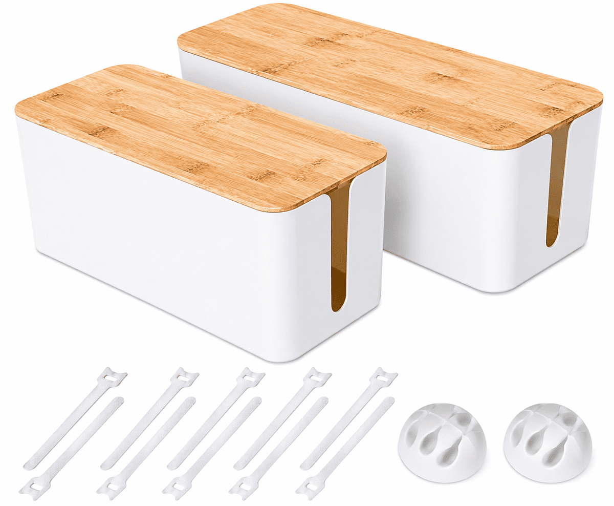 Cable Management Box Set of Two with Wood-Look Lids and Safety Clasp