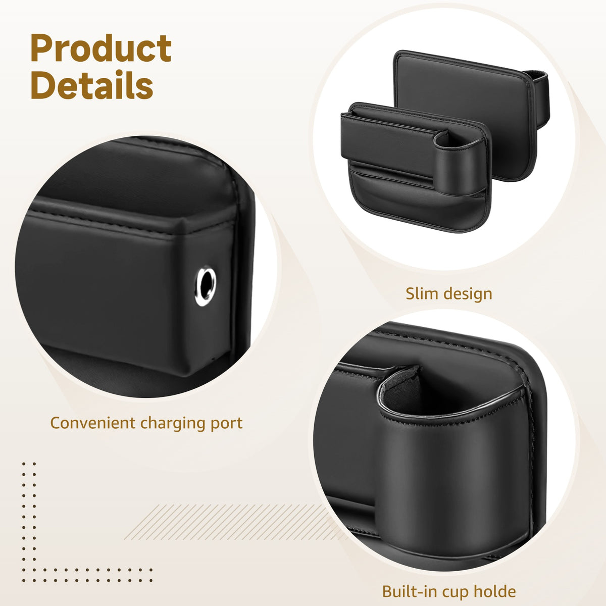 Car Seat Gap Organizers, Pair in Black Leather with Cup Slot and Cable Hole - Image 3