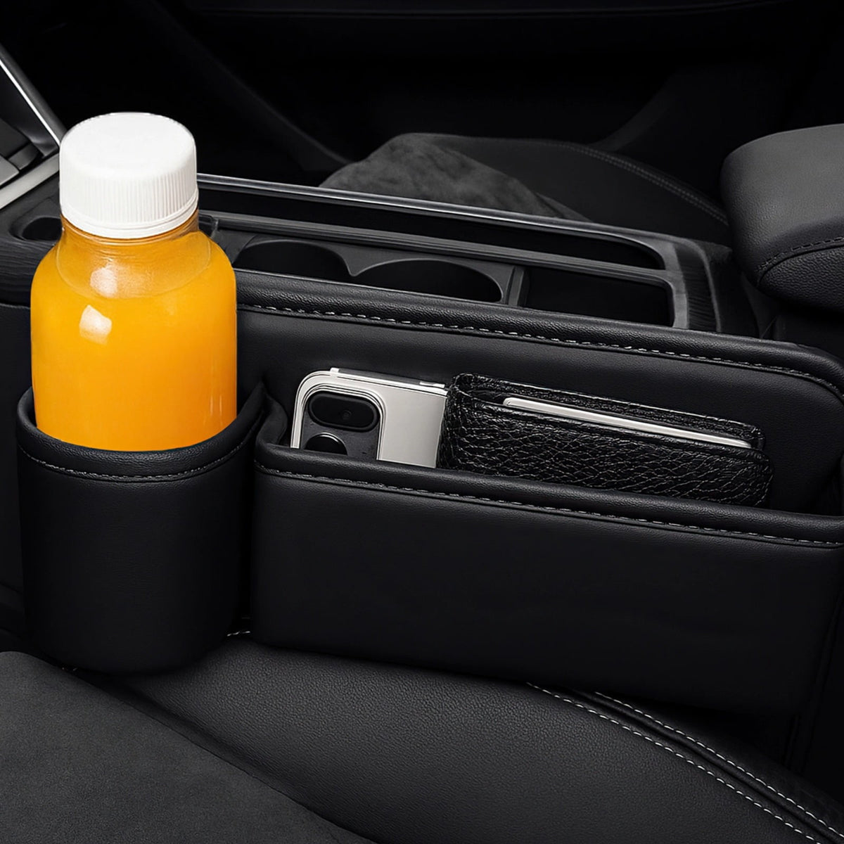 Car Seat Gap Organizers, Pair in Black Leather with Cup Slot and Cable Hole - Image 2