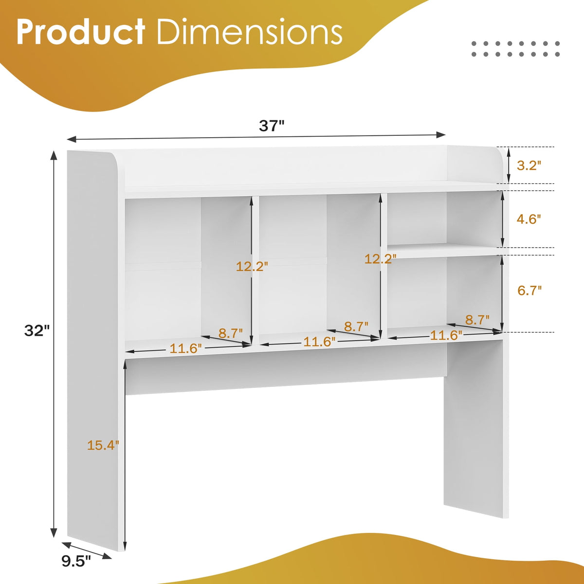 Two-Tier Desktop Hutch with Four Shelves in White Wood Finish, 37 Inches Wide - Image 3