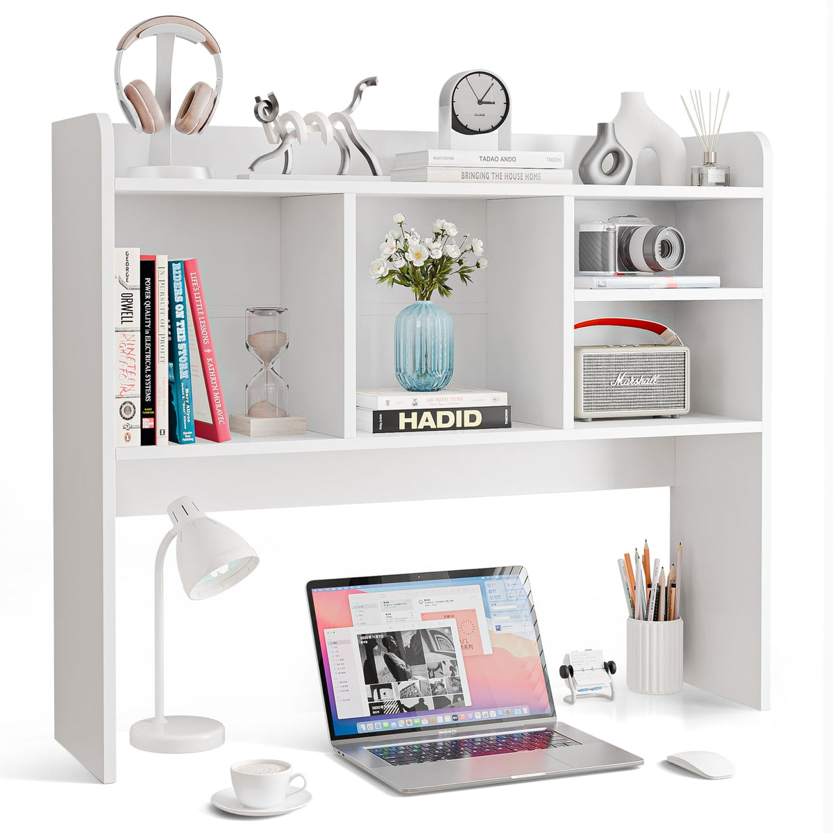 Two-Tier Desktop Hutch with Four Shelves in White Wood Finish, 37 Inches Wide - Image 2