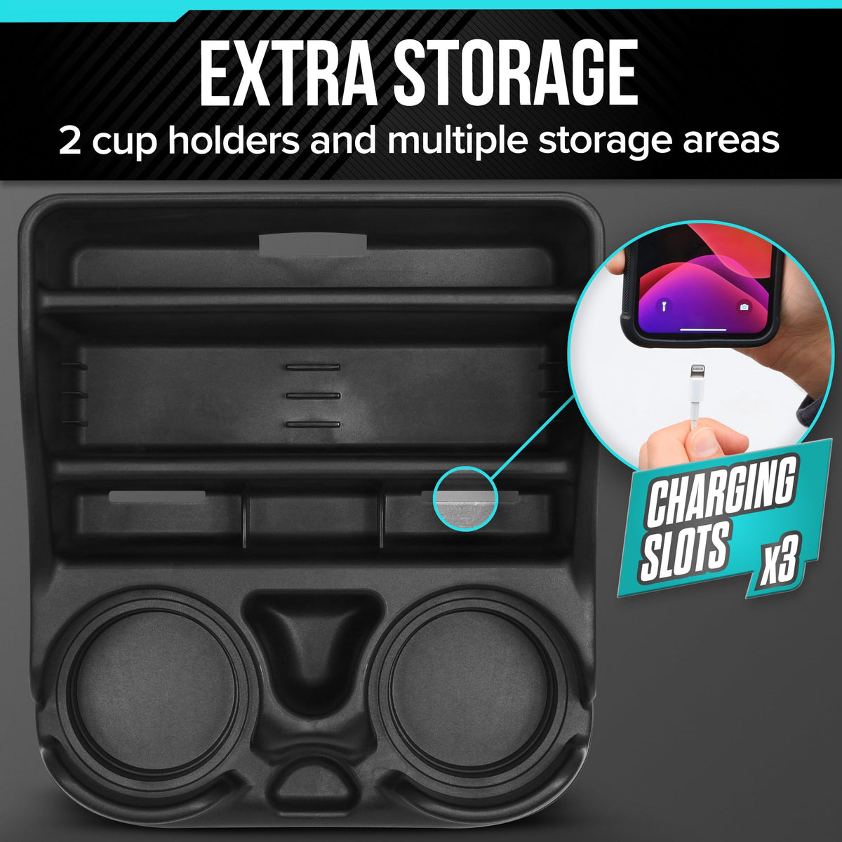 Mini Center Console Organizer with Cup Holders and Seat Belt Mounting Slots - Image 3