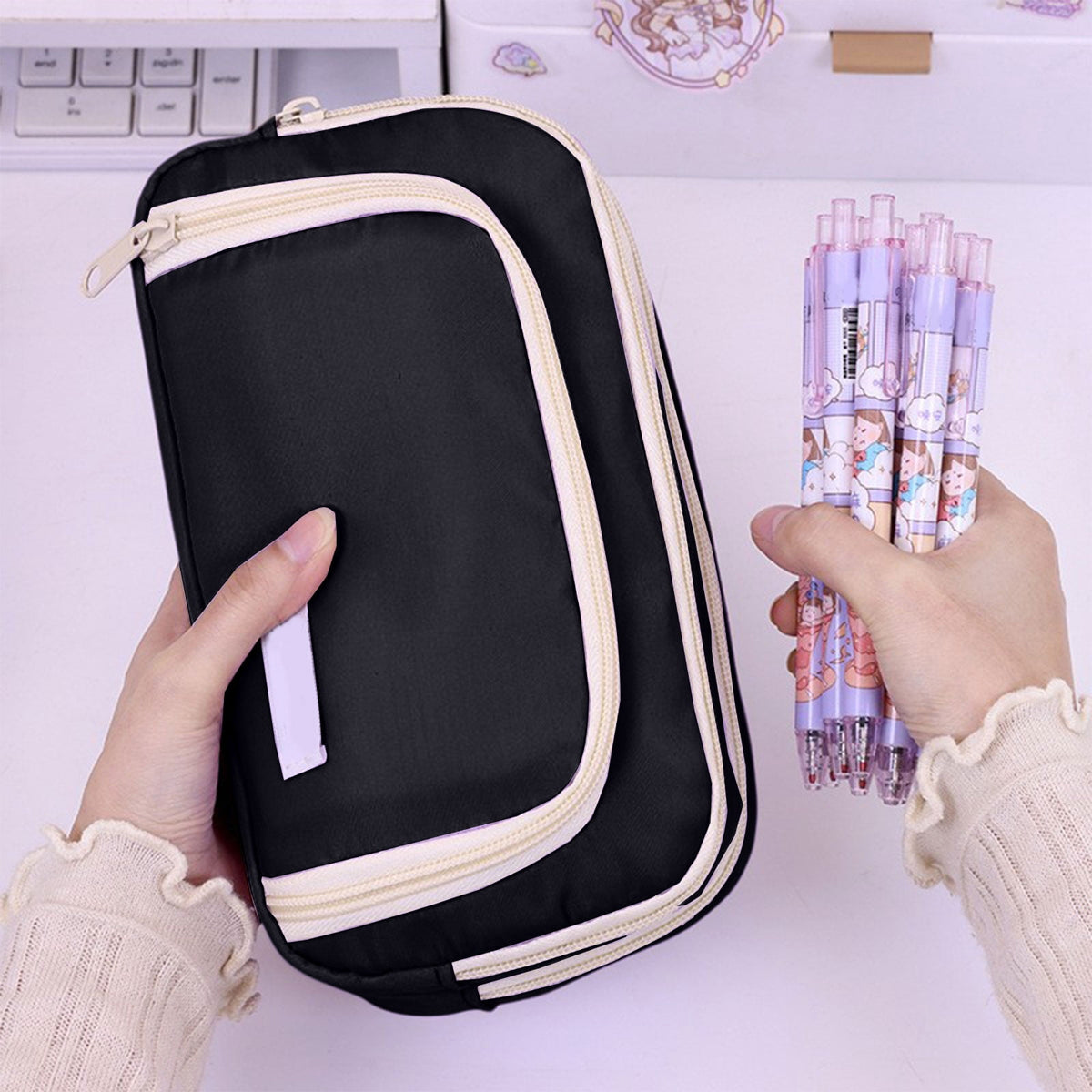 Multi-Layer Zip Pencil Pouch in Canvas for Pens, Markers and Stationery - Image 6