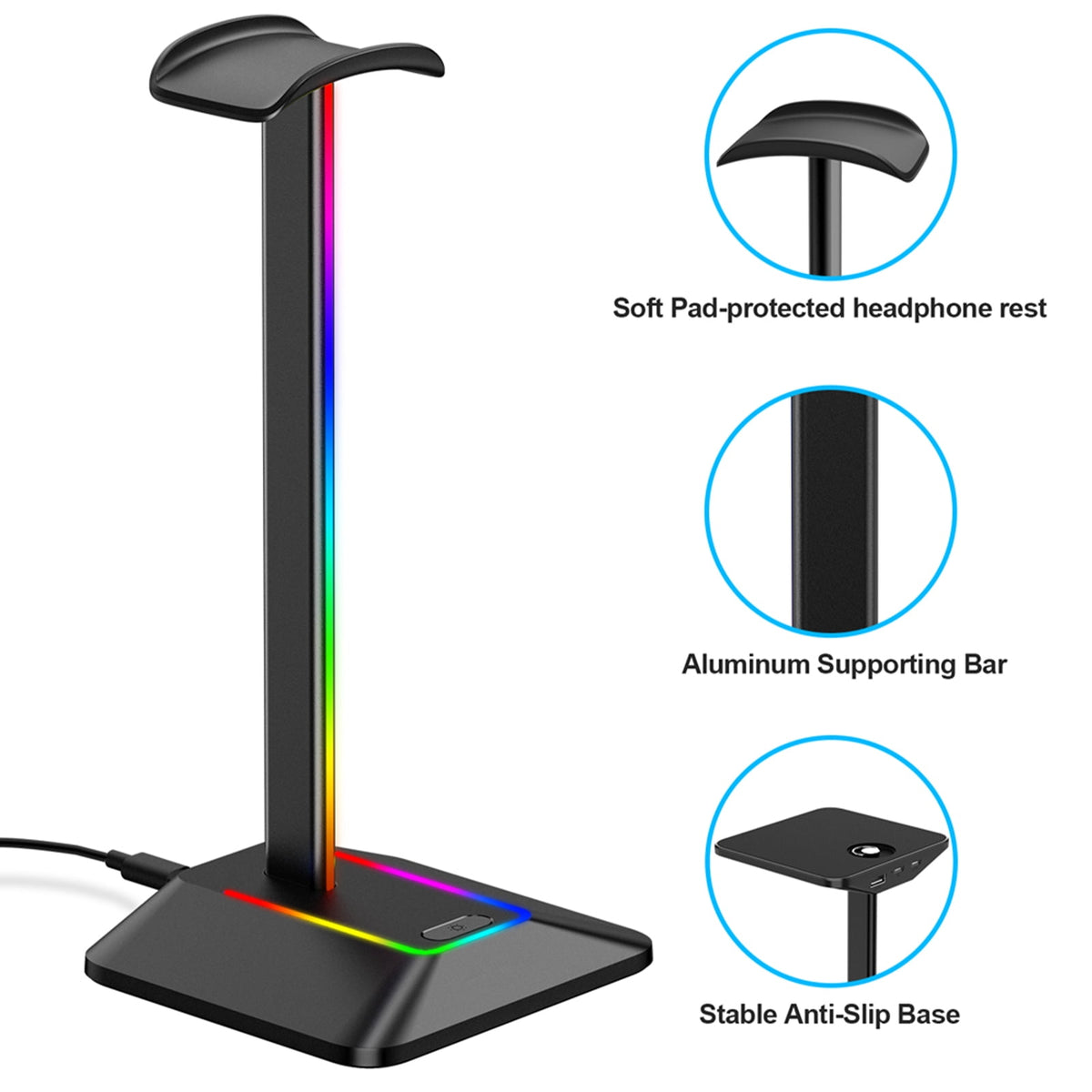 Aluminum Headphone Stand with Seven Lighting Modes and Two Charging Ports - Image 3