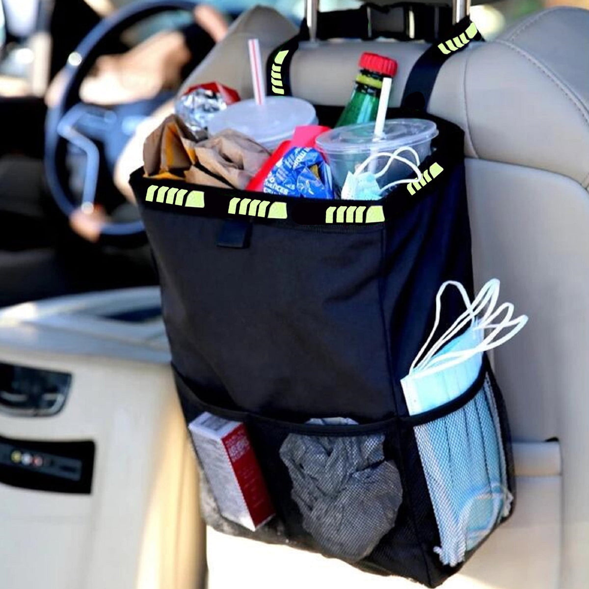 Hanging Car Trash Bag, 3.5 Gallon Capacity with Four Outer Pockets - Image 2