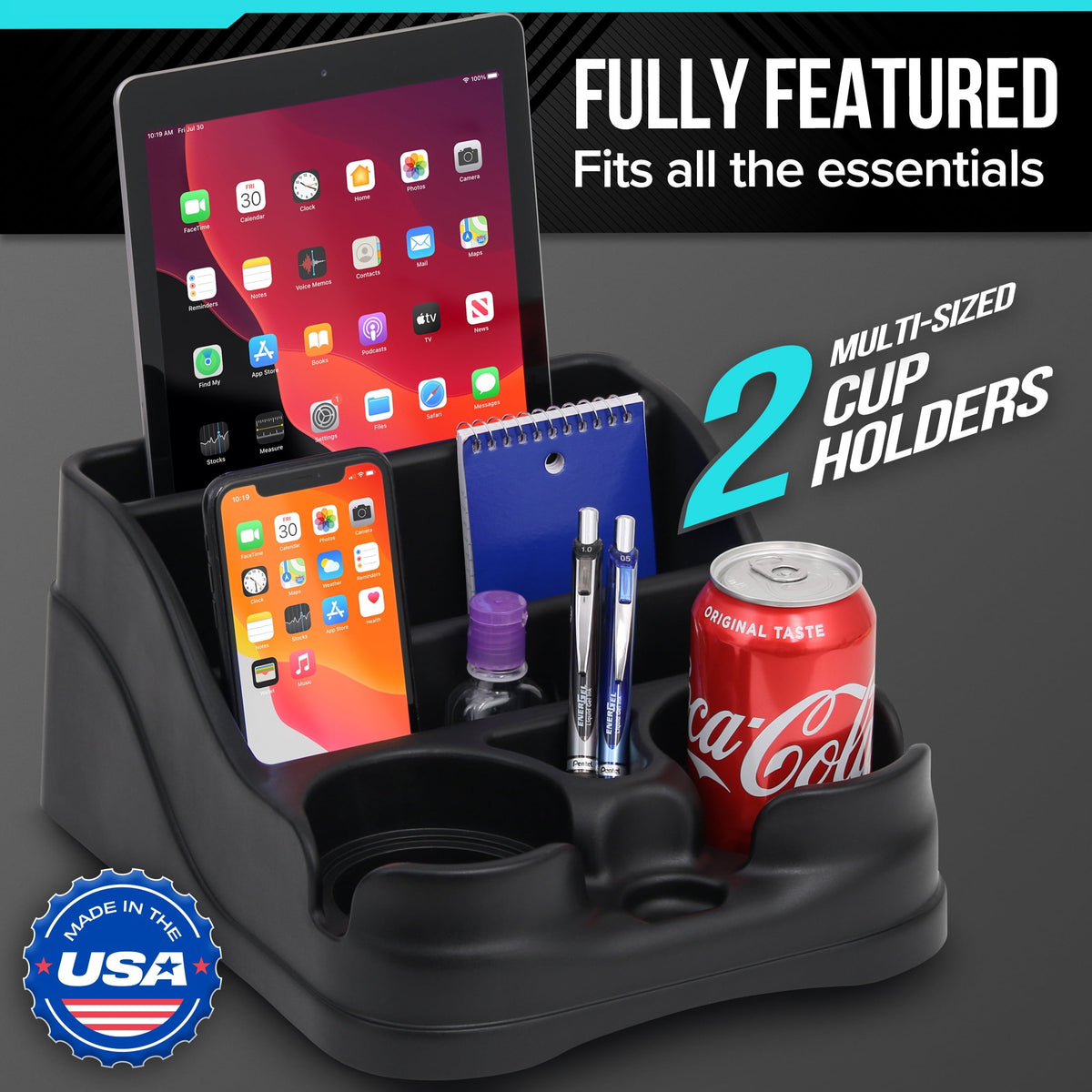 Mini Center Console Organizer with Cup Holders and Seat Belt Mounting Slots - Image 2