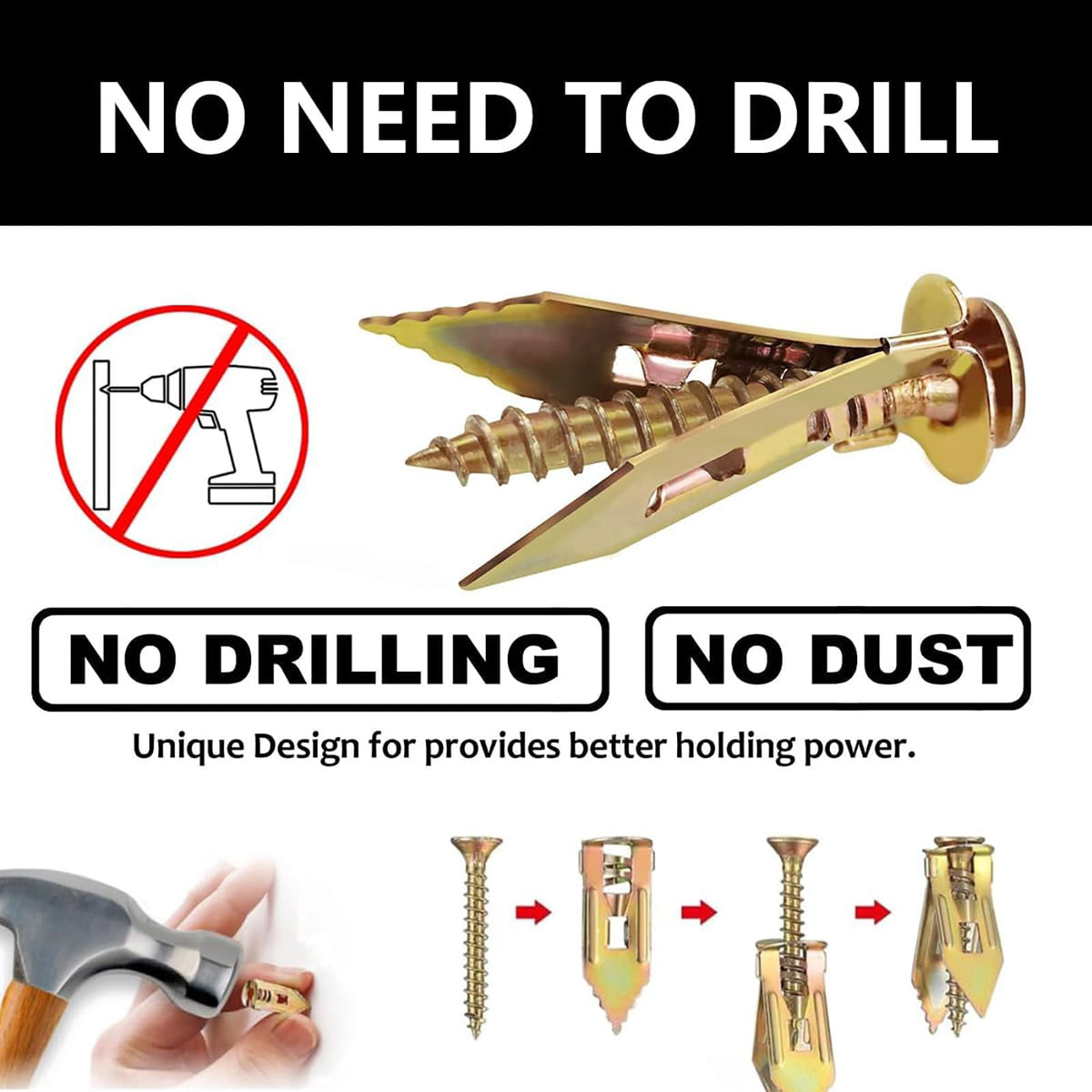 Self-Drilling Drywall Anchors with Screws in Gold, No Pilot Hole Needed - Image 4